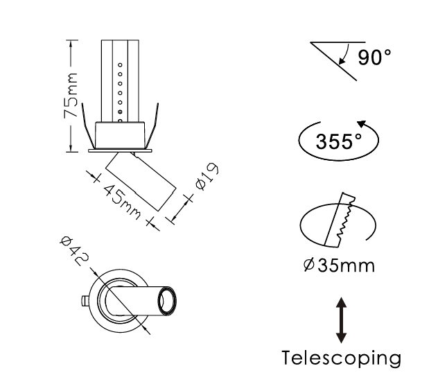 Technical diagram of a telescoping component with measurements and angles.
