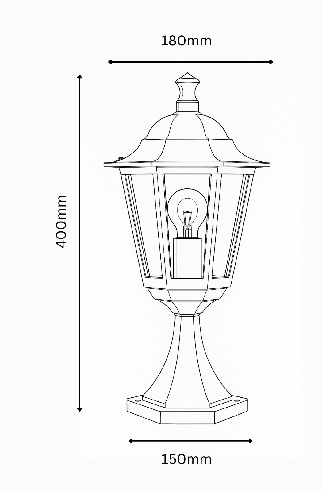 Line drawing of a decorative outdoor lamp with dimensions labeled.