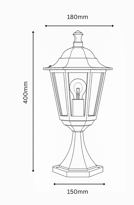 Line drawing of a decorative outdoor lamp with dimensions labeled.