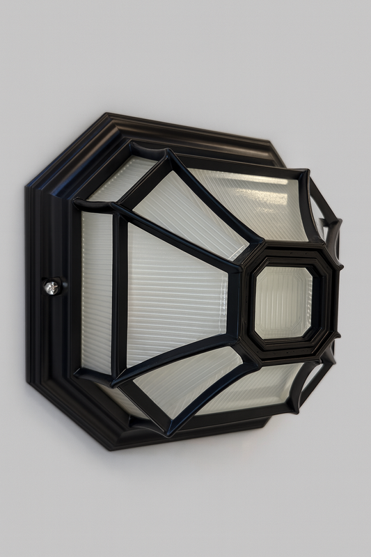 Hexagonal outdoor light fixture with black frame with E27 base lamp