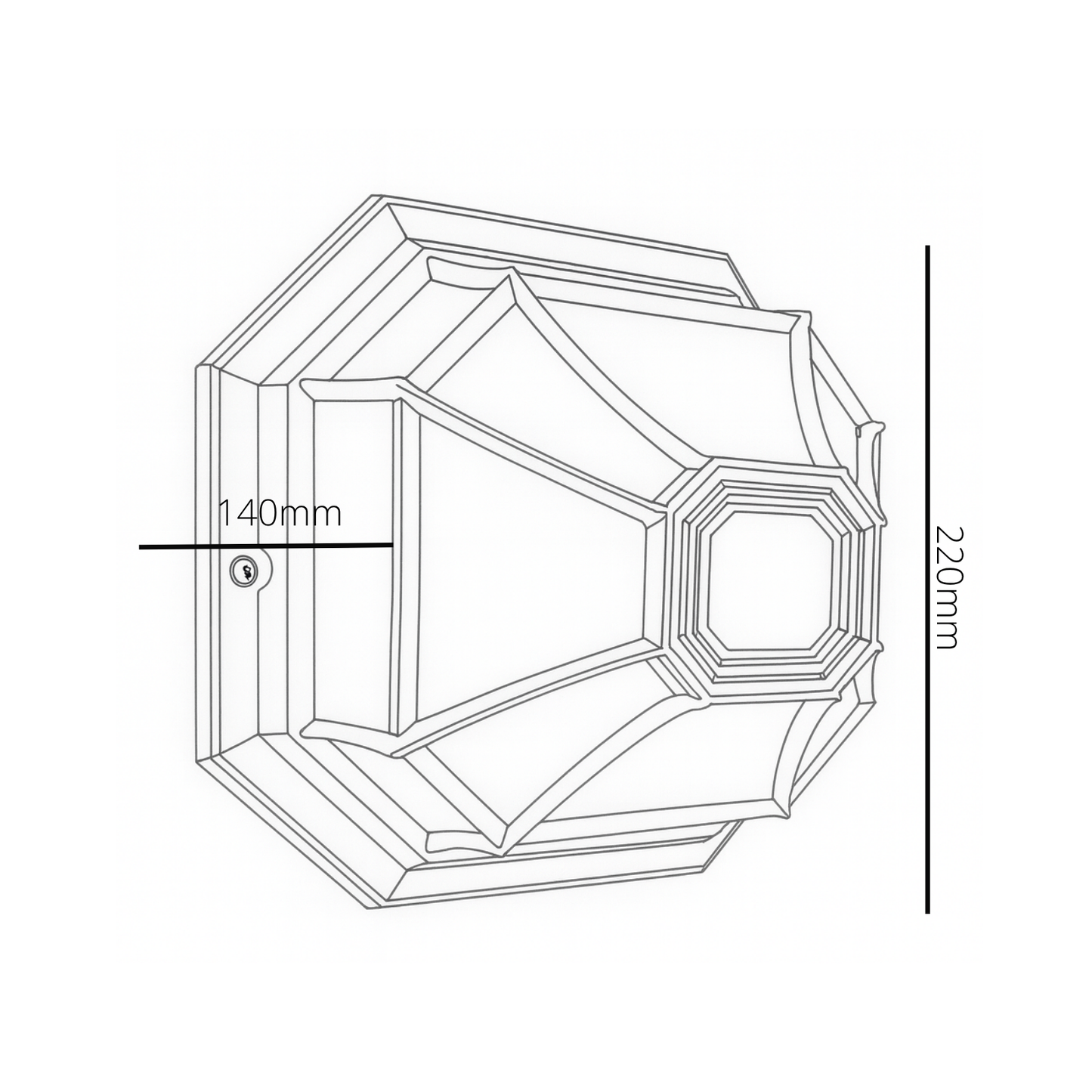 Technical drawing of a hexagonal object with dimensions labeled