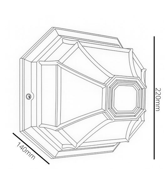 Hexagonal wall light fixture with dimensions on a white background