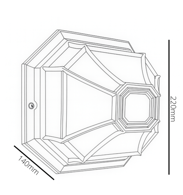Hexagonal wall light fixture with dimensions on a white background