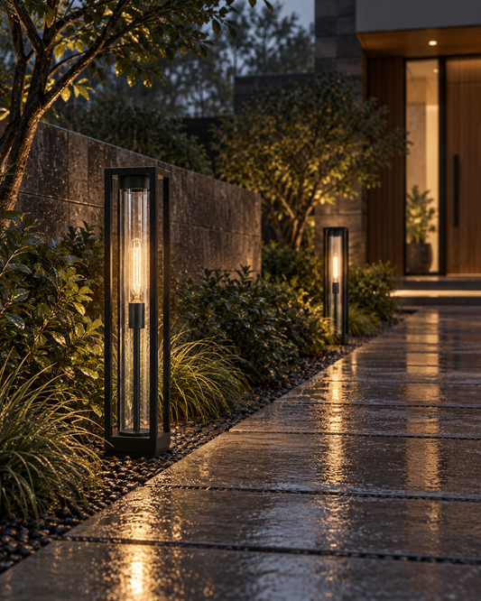 Outdoor decorative bollard light in pathway