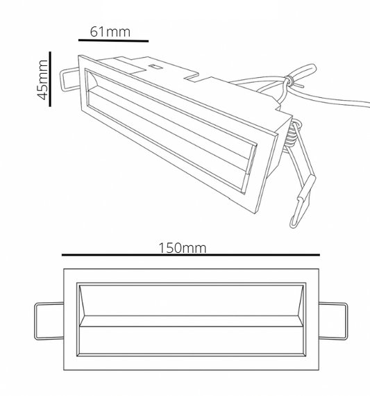 Technical drawing of a rectangular light fixture with dimensions labeled