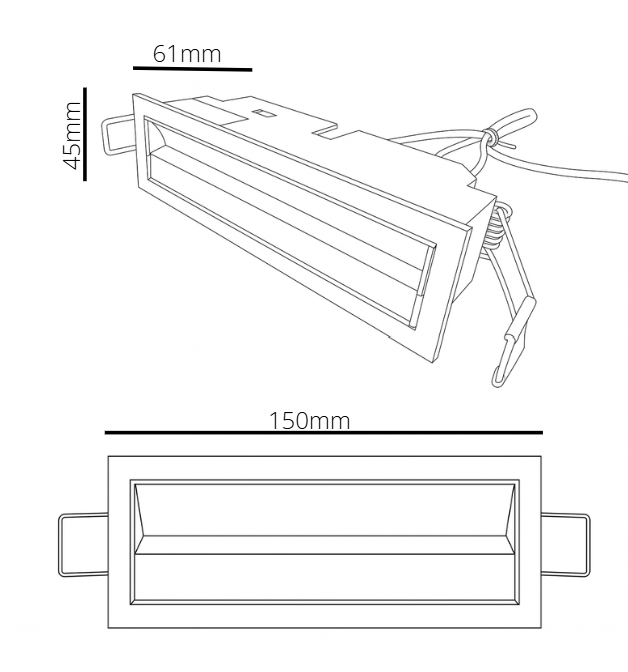 Technical drawing of a rectangular light fixture with dimensions labeled