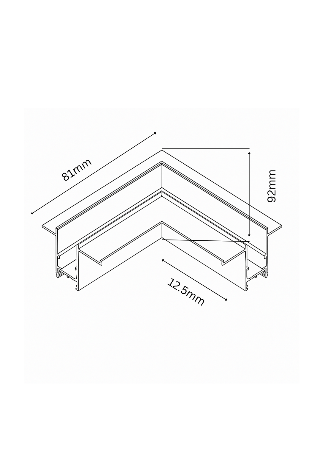 Technical drawing of a corner piece with dimensions labeled