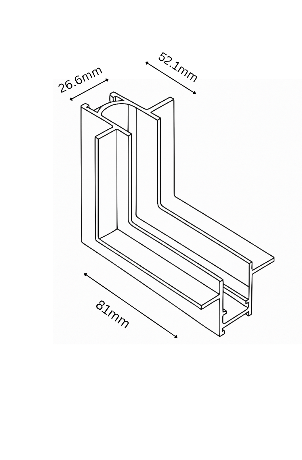 Technical drawing of a metal profile with dimensions labeled