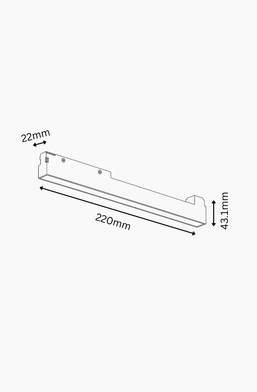 Technical drawing of a rectangular component with dimensions labeled