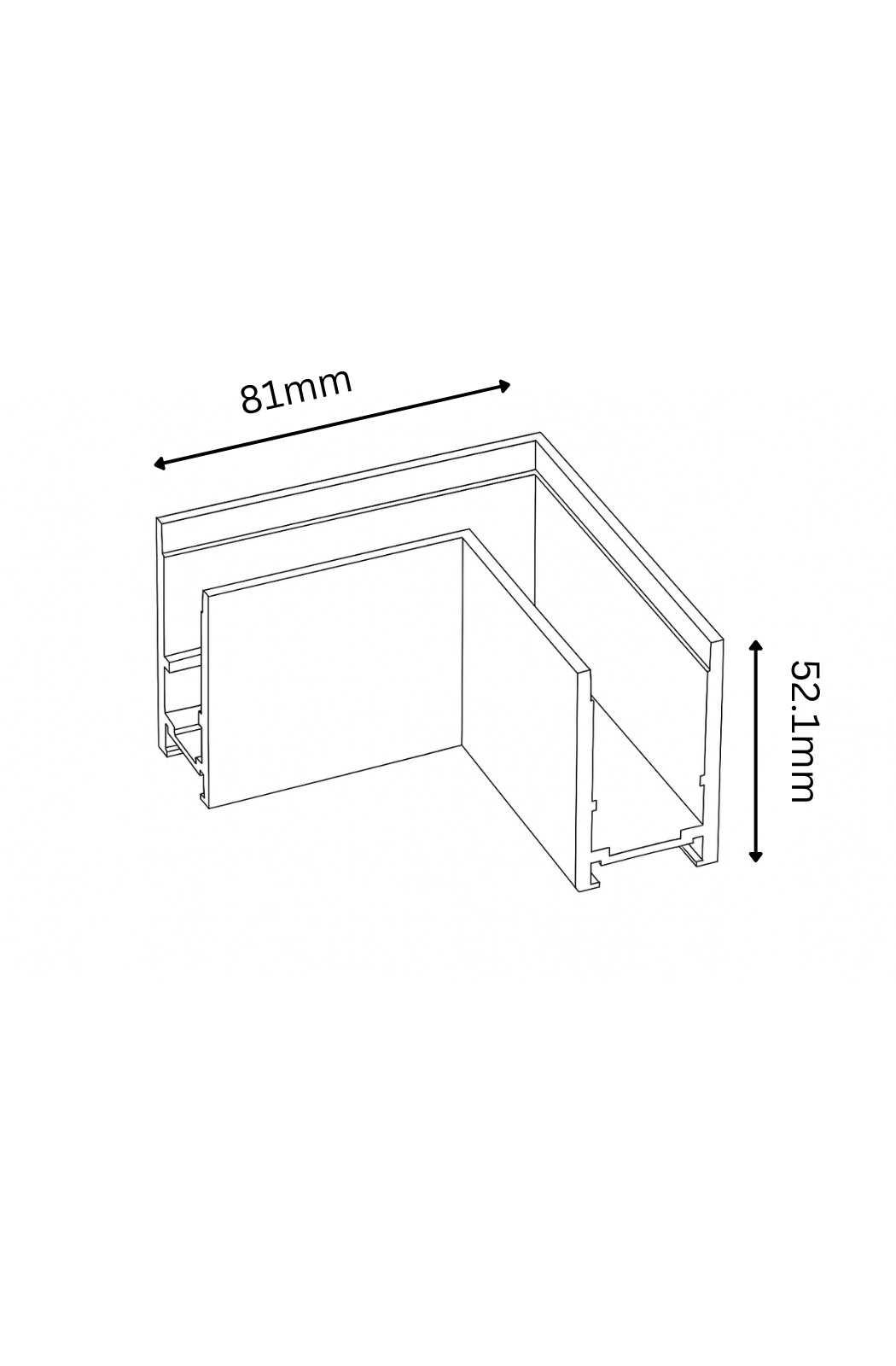Technical drawing of a corner piece with dimensions labeled
