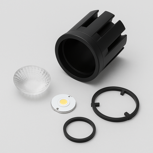 Set of black and clear components on a light gray background