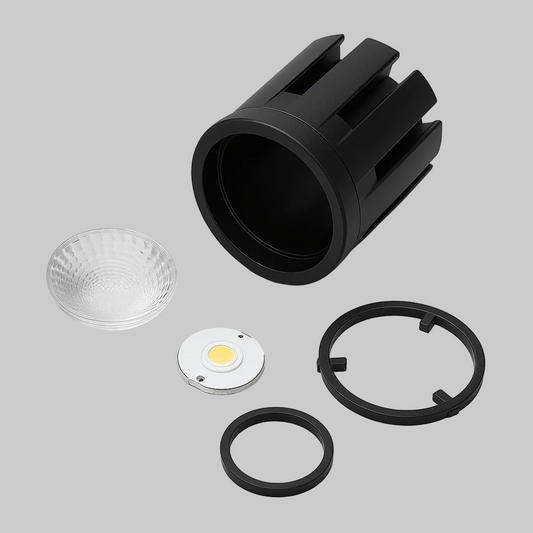 Set of black and clear components on a light gray background