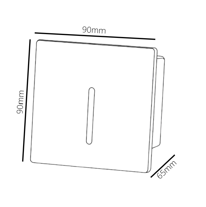 Measurement diagram of a square wall recessed step light dimensions labeled.