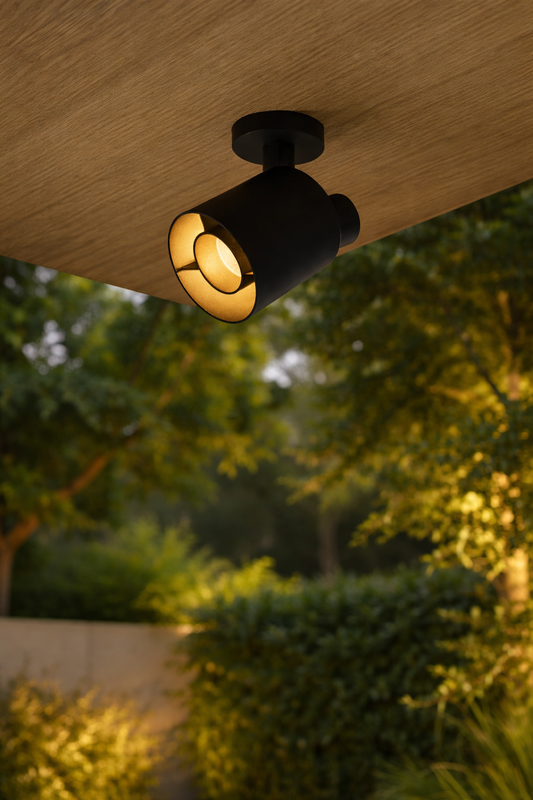 Black outdoor spotlight on a wooden surface with greenery in the background
Ligma Projector light
Ligma projector light gulf lights