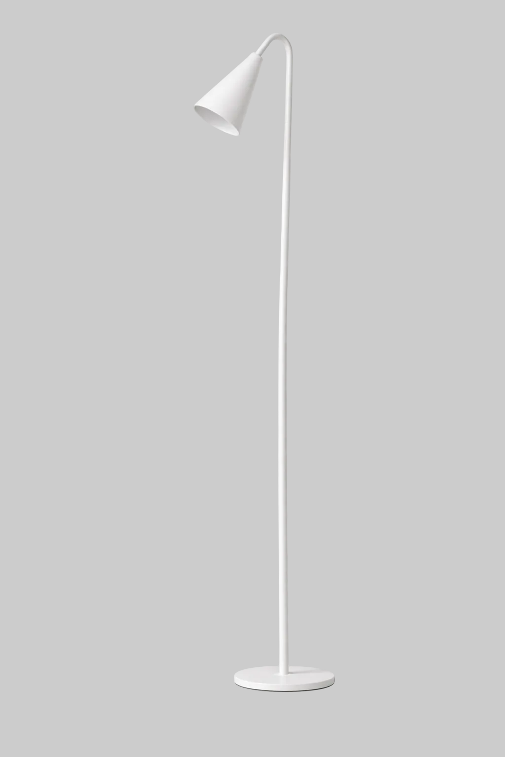 White floor lamp with a curved neck on a light gray background