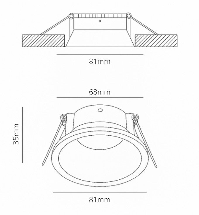 Technical drawing of a deep recessed spotlight frame