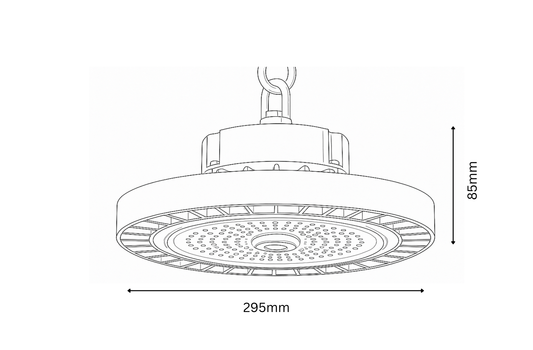 Technical drawing of a high-bay industrial light fixture with dimensions labeled.
