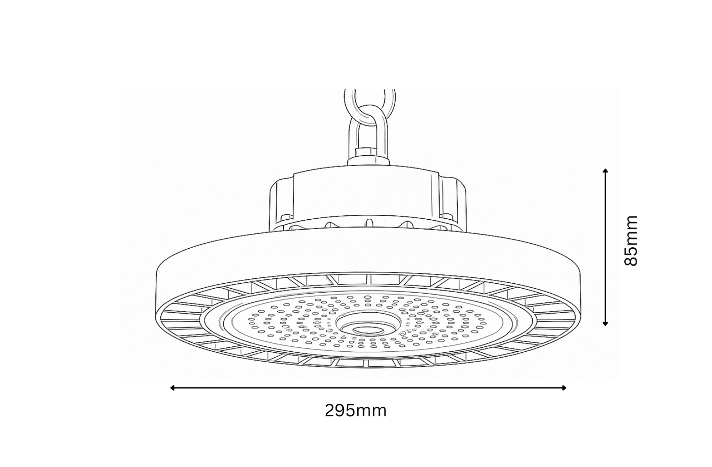 Technical drawing of a high-bay industrial light fixture with dimensions labeled.