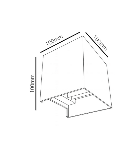 Line drawing of a square object with dimensions labeled as 100mm on each side.