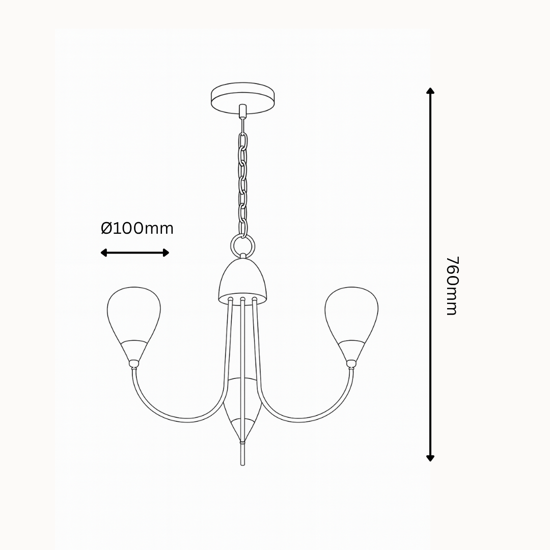 Line drawing of a chandelier with dimensions labeled