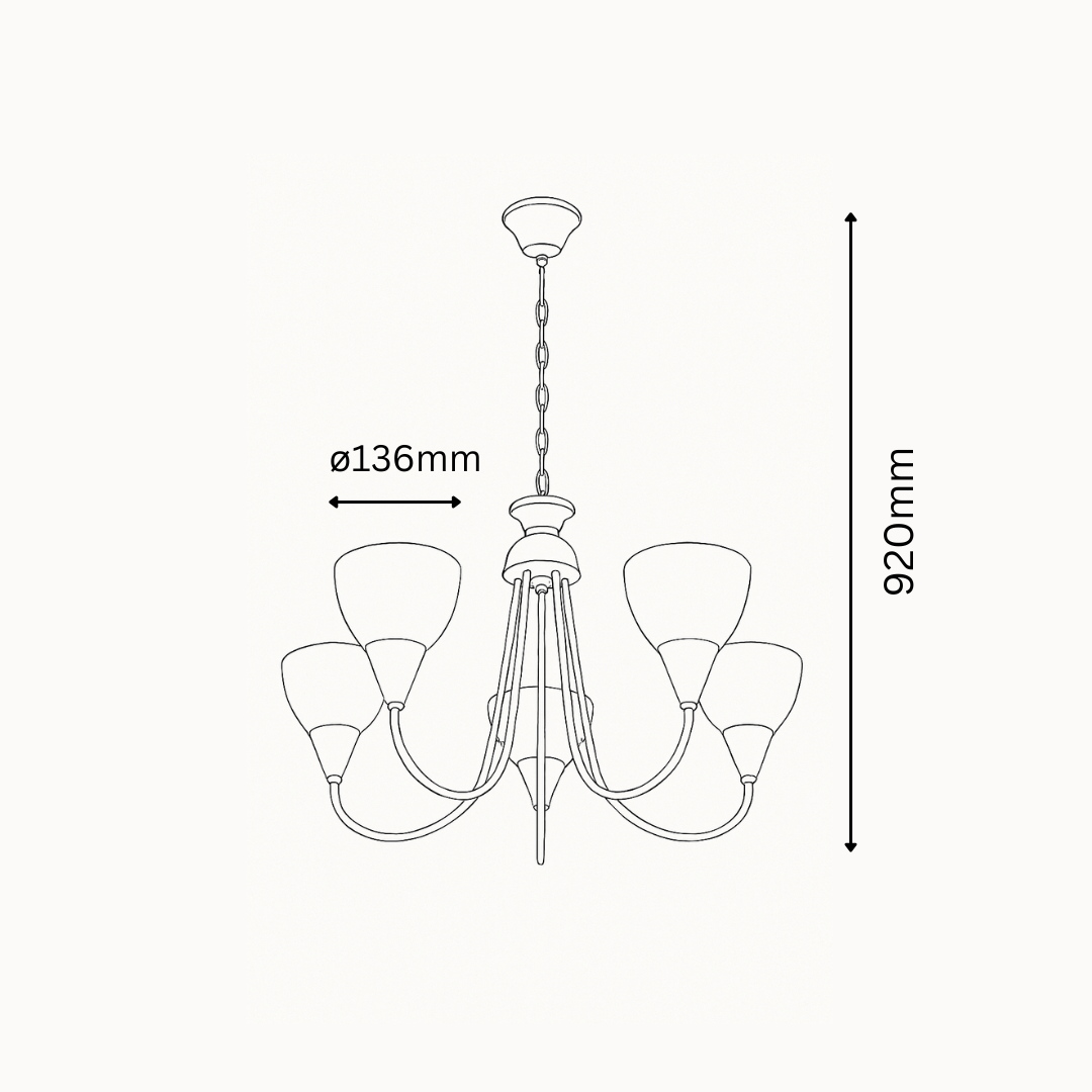 Line drawing of a chandelier with dimensions on a white background