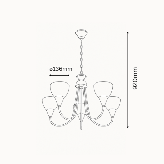 Line drawing of a chandelier with dimensions on a white background