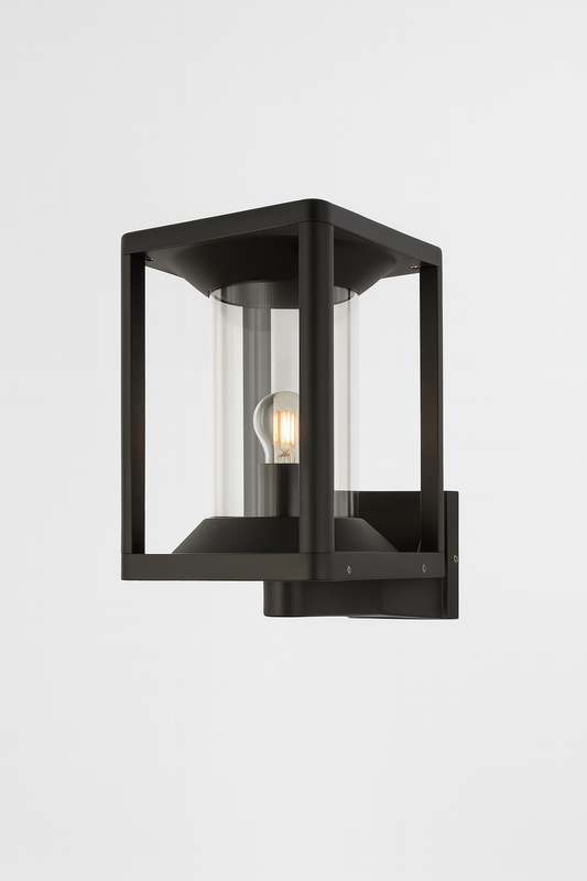 Black outdoor wall light fixture with E27 base lamp