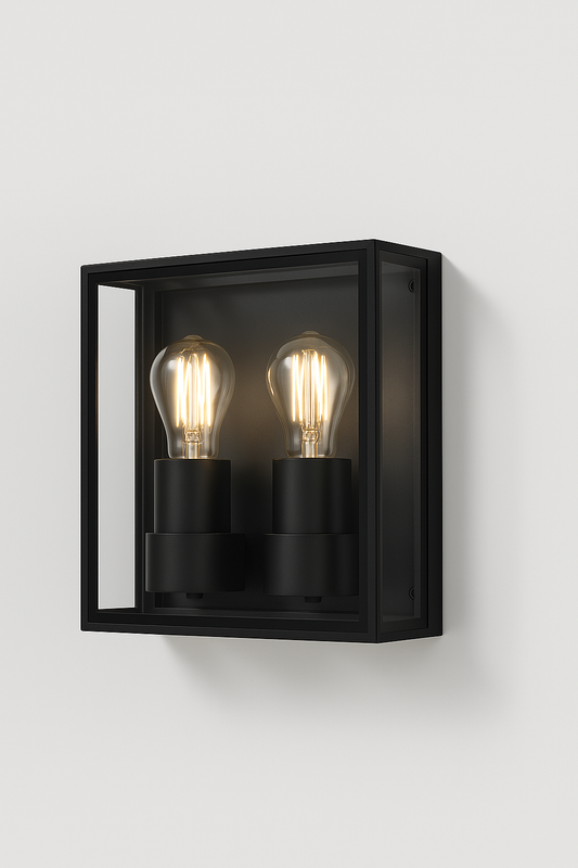Black wall-mounted light fixture with E27 base lamp