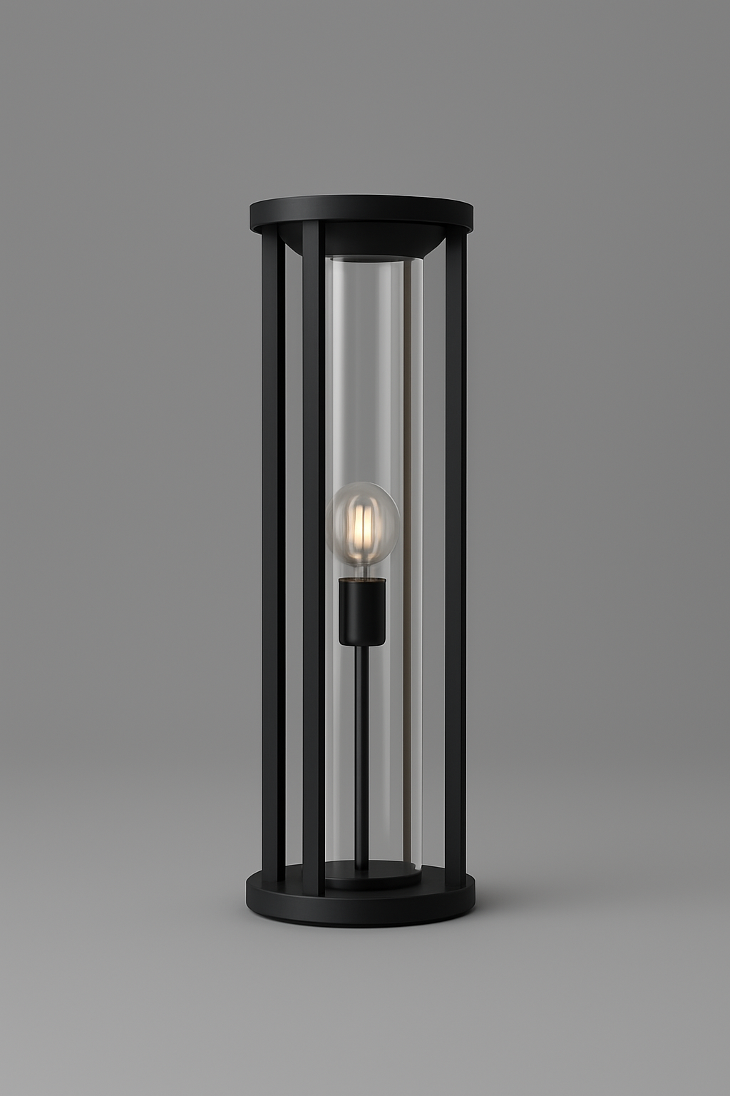 Black cylindrical outdoor lamp with a clear glass cover with E27base lamp