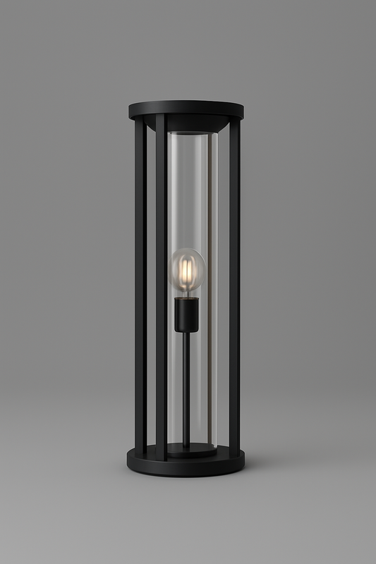 Black cylindrical outdoor lamp with a clear glass cover with E27base lamp