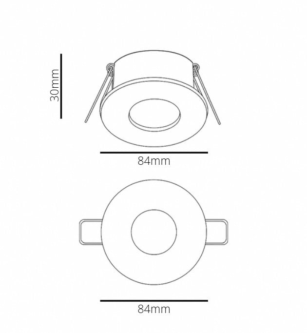 Technical drawing of a round light fixture with dimensions labeled