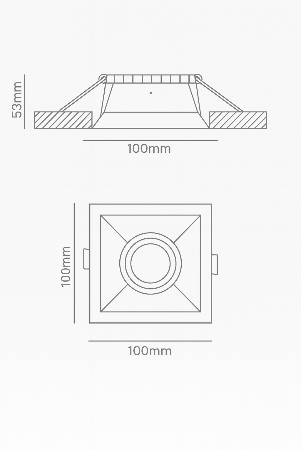 Technical drawing of a square light fixture with dimensions