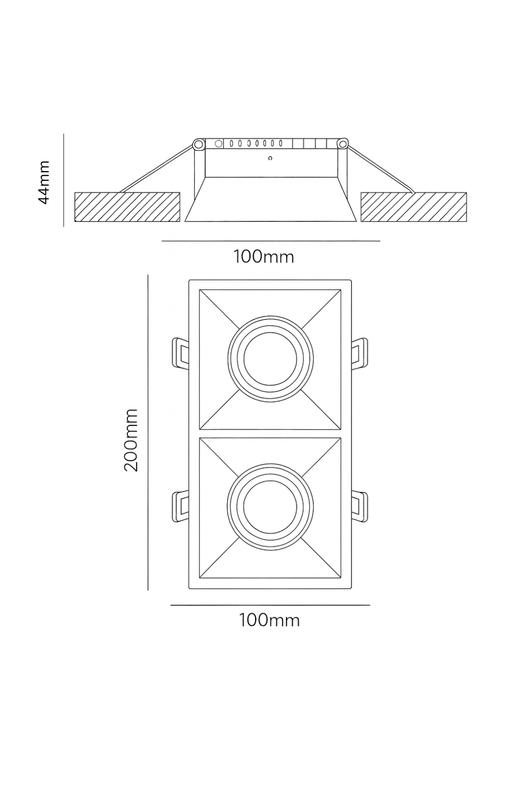 Technical drawing of a ceiling light fixture with dimensions