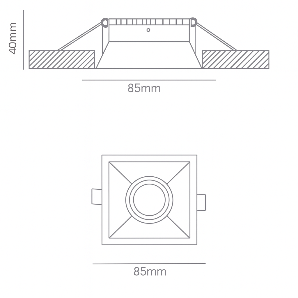 Technical drawing of a square light fixture with dimensions labeled.