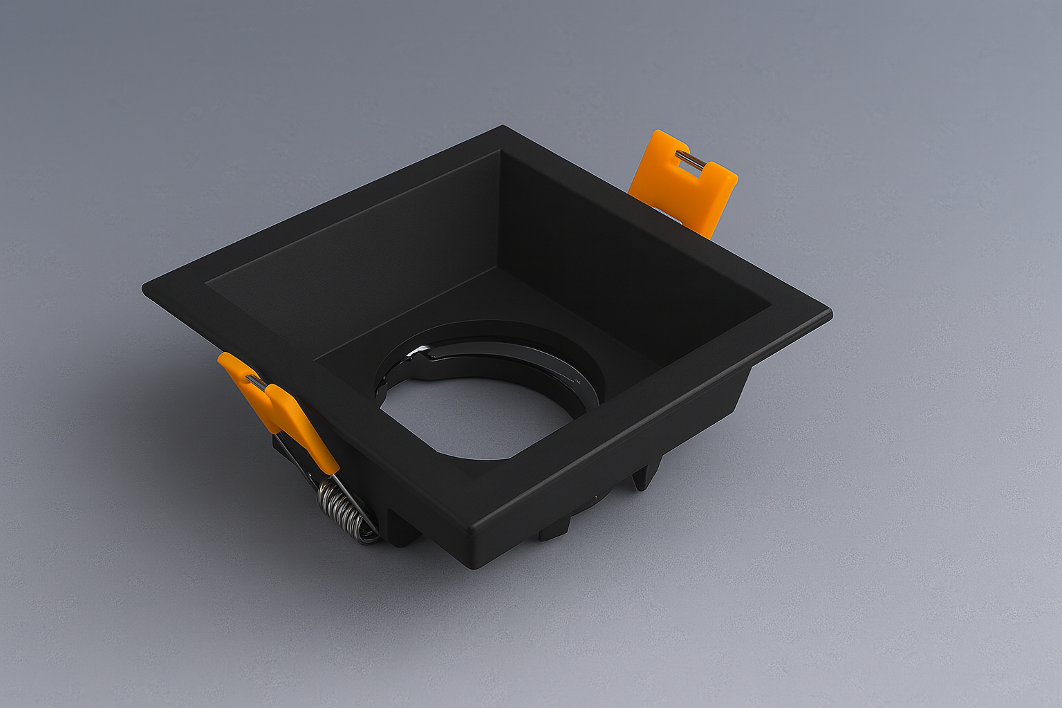 Square recessed spotlight with orange mounting tabs