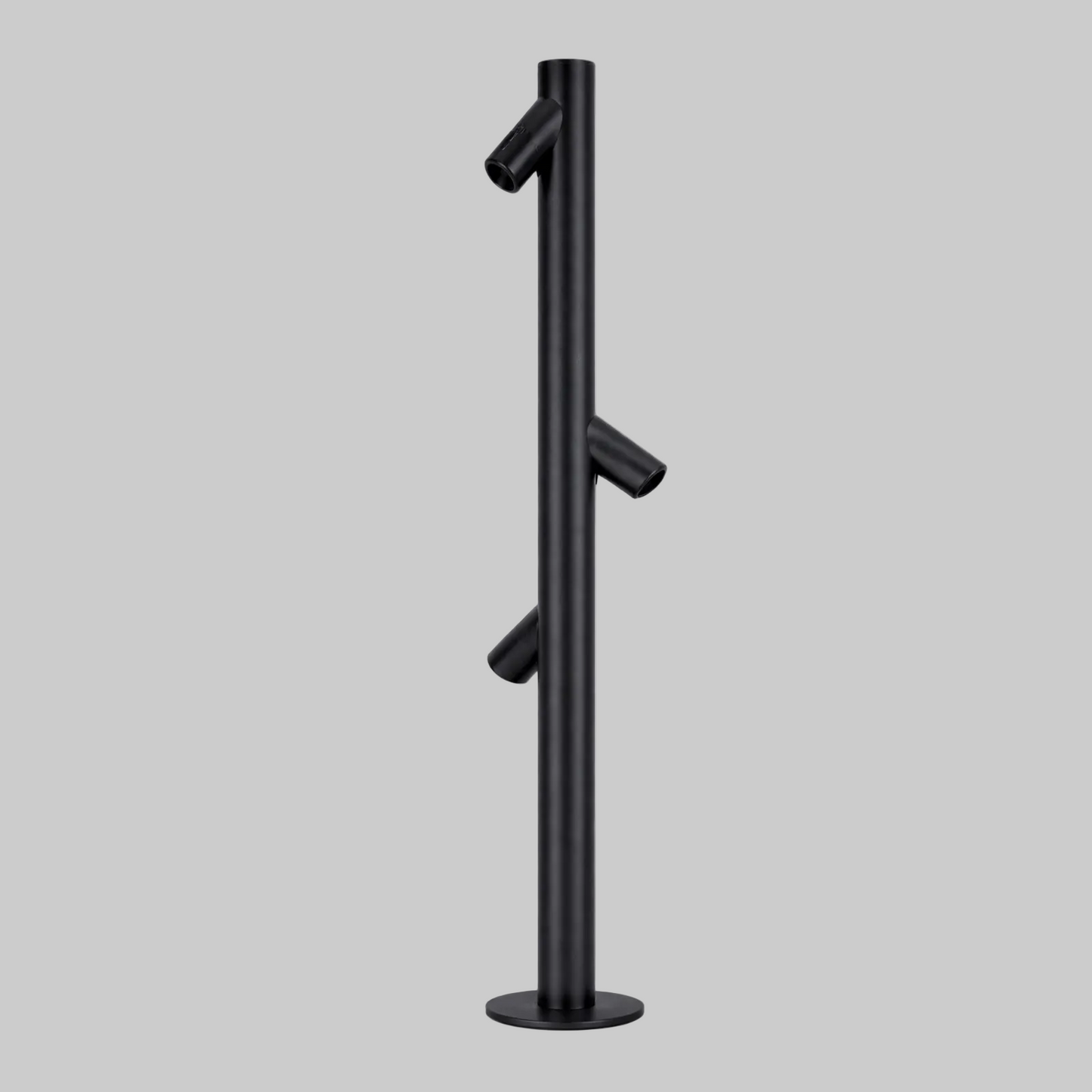 Black metal stand with multiple hooks on a white background