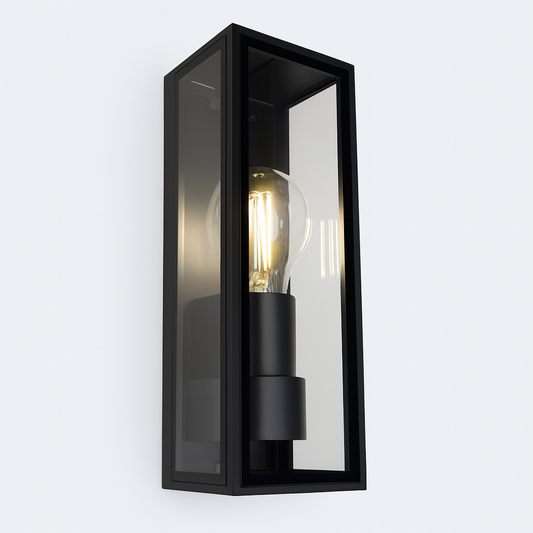 Black wall-mounted light fixture with a clear glass cover and with E27 base lamp