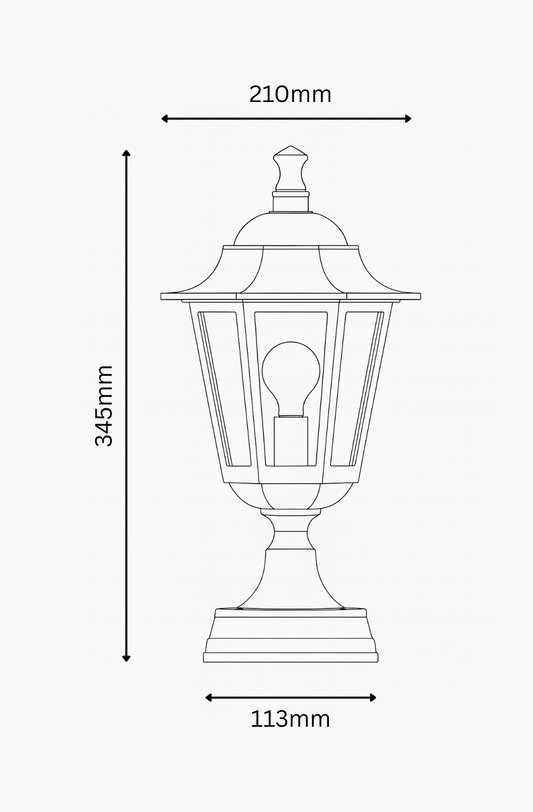 Line drawing of a vintage-style outdoor lamp with dimensions labeled
