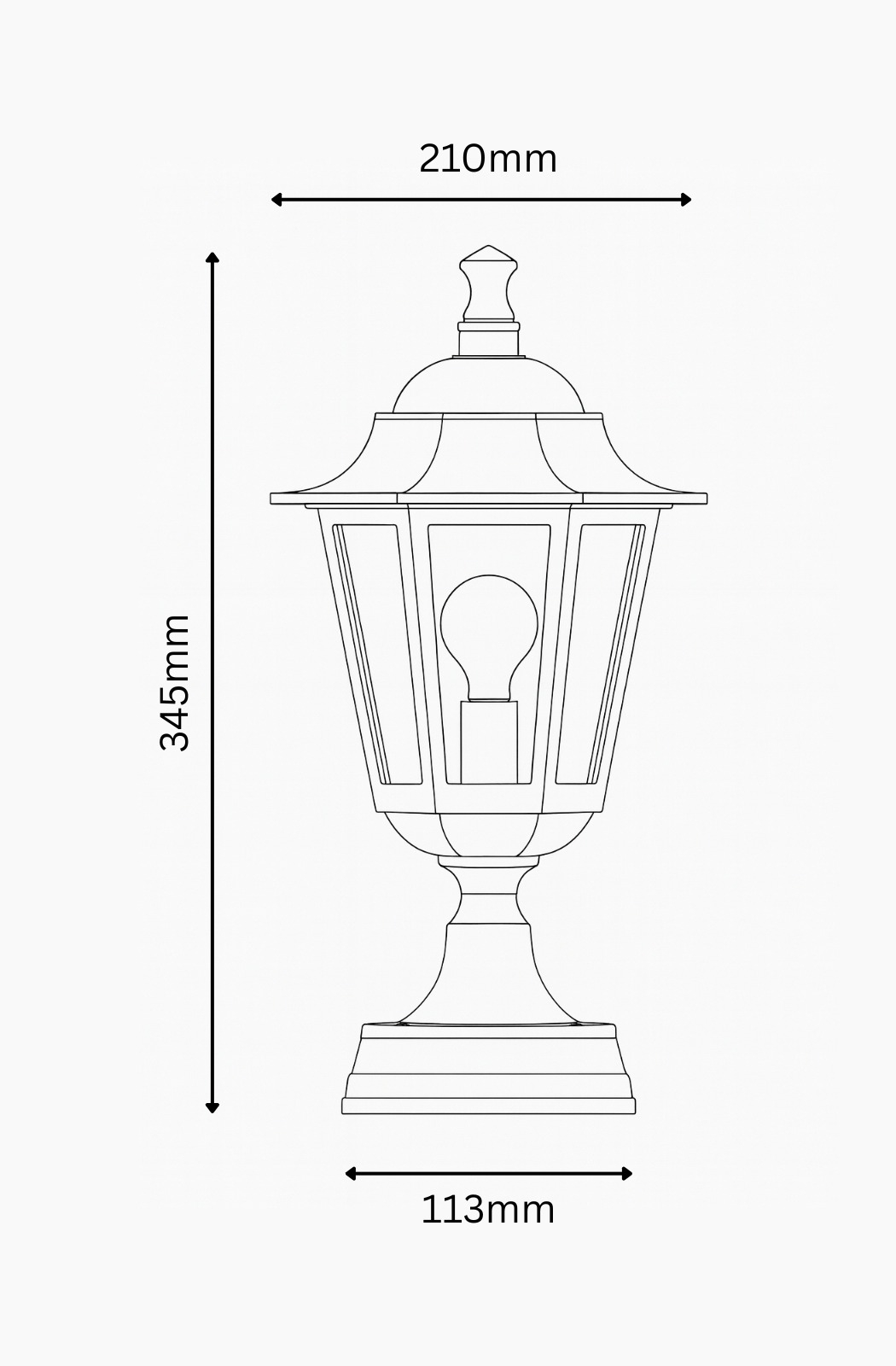 Line drawing of a vintage-style outdoor lamp with dimensions labeled