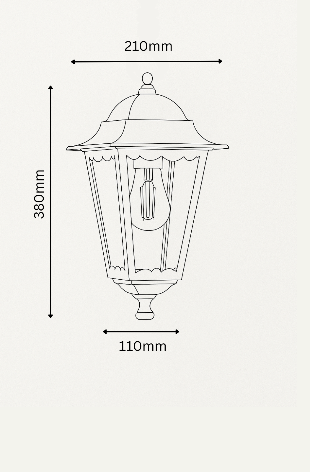 Measurement diagram of a traditional outdoor lamp post on a white background