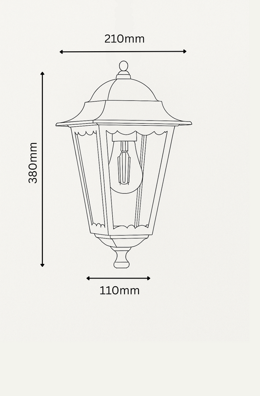 Measurement diagram of a traditional outdoor lamp post on a white background