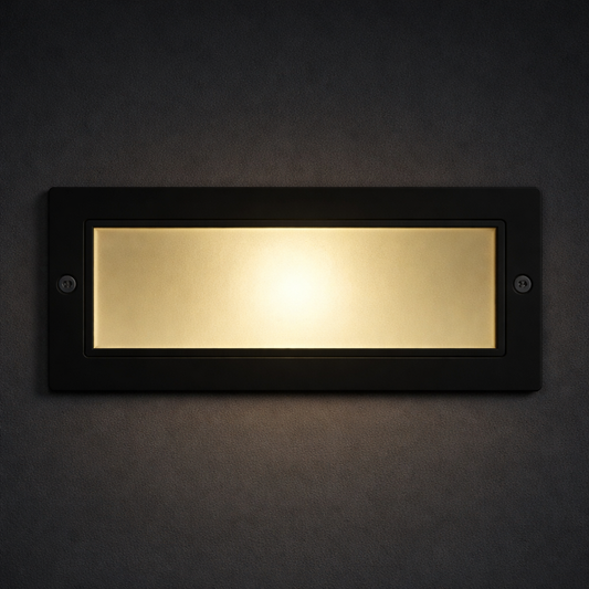 Rectangular black outdoor light fixture on a dark wall