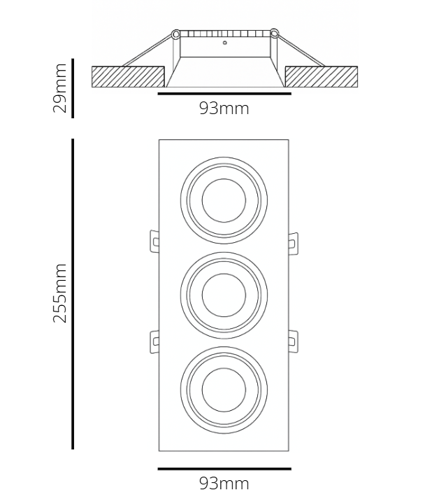 Technical drawing of a tripple recessed spotlight frame