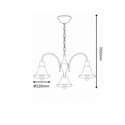 Line drawing of a three-light chandelier with dimensions indicated.