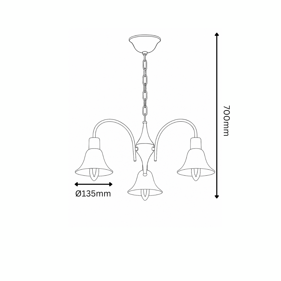 Line drawing of a three-light chandelier with dimensions indicated.