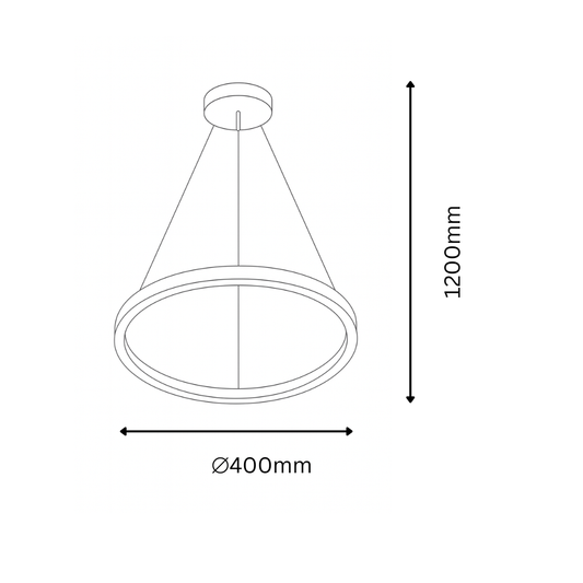Line drawing of a pendant light with dimensions on a white background