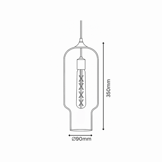 Line drawing of a pendant light fixture with dimensions on a white background