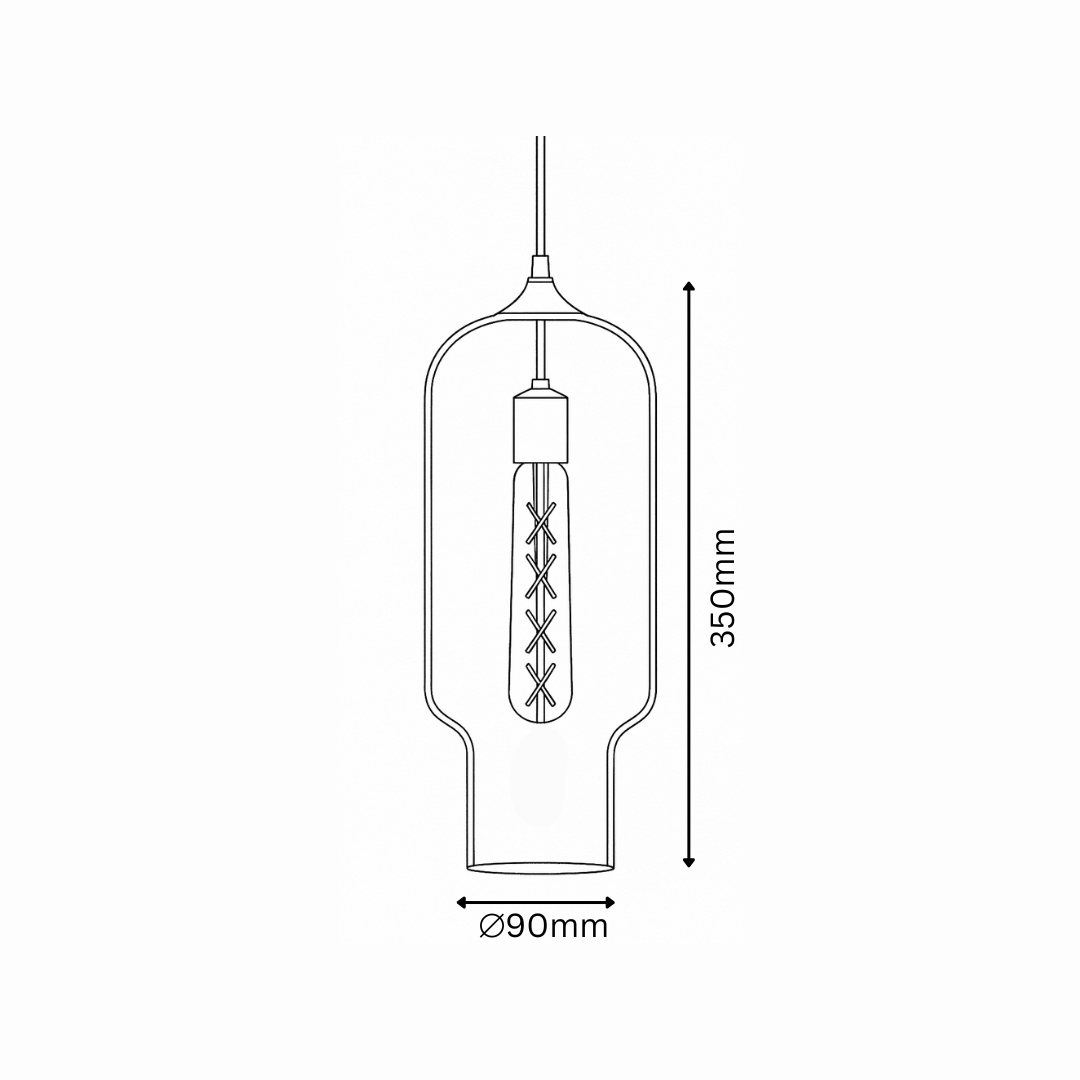 Line drawing of a pendant light fixture with dimensions on a white background