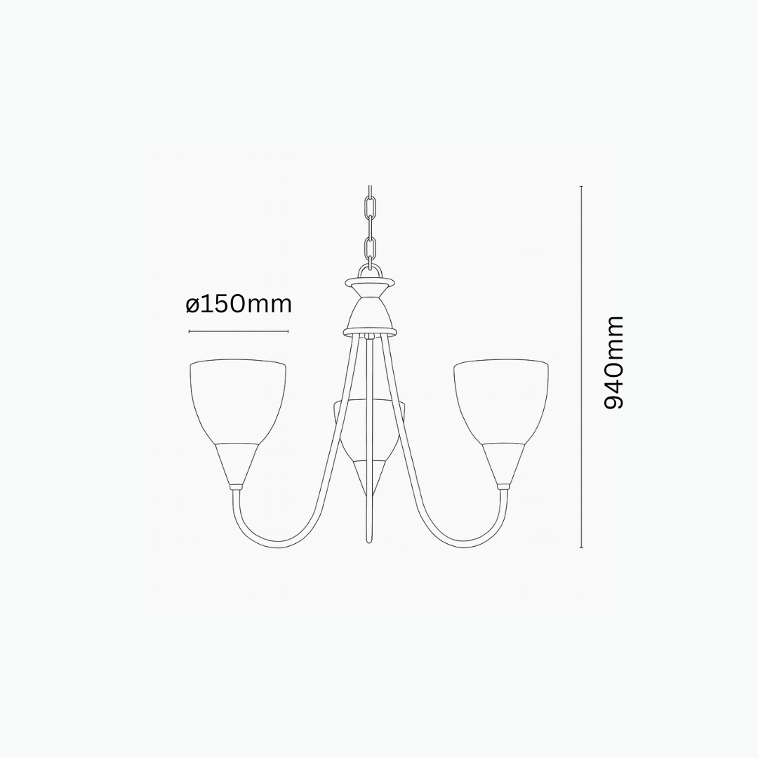 Line drawing of a chandelier with dimensions indicated.
