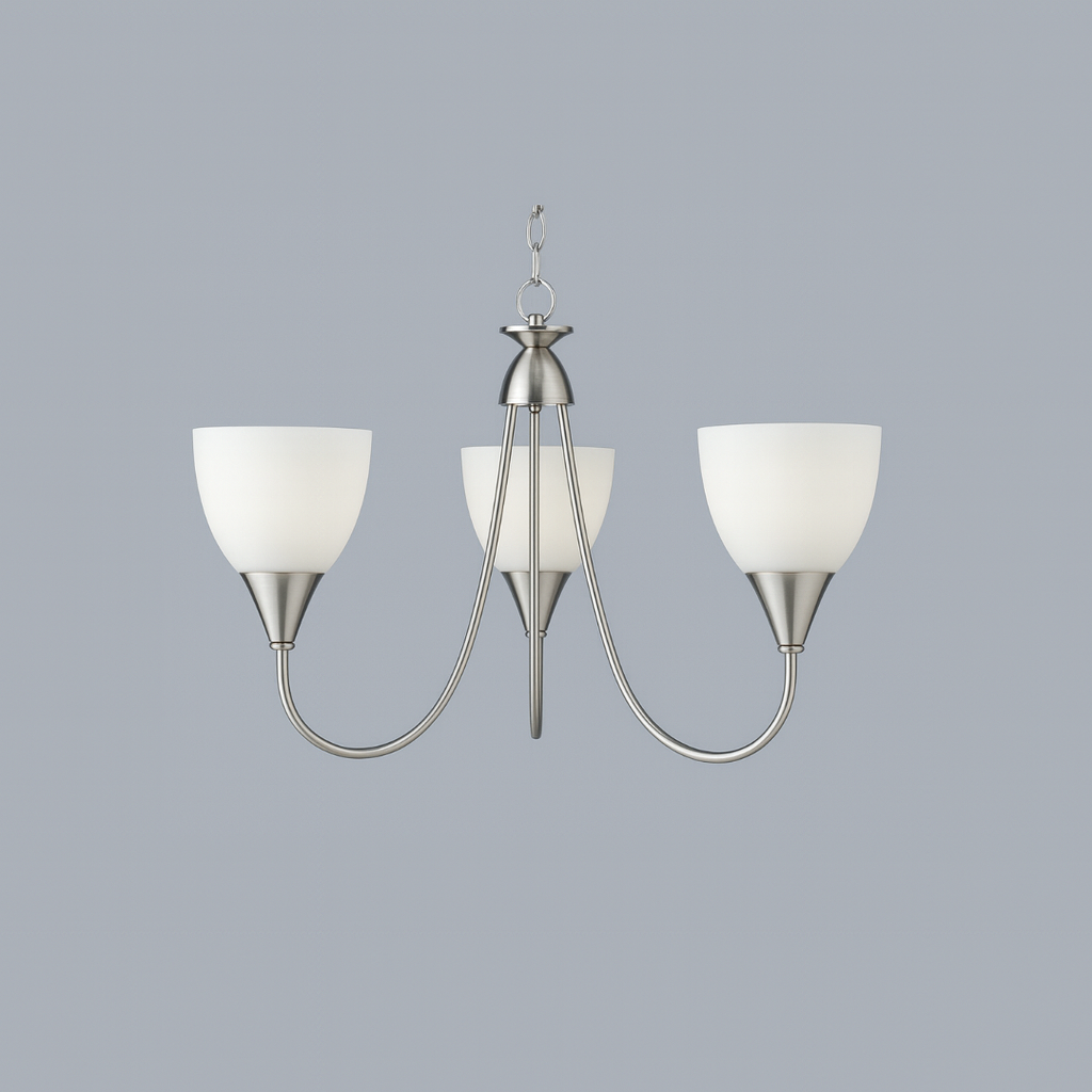 Suspended light with three white glass shades and E27 base lamp
